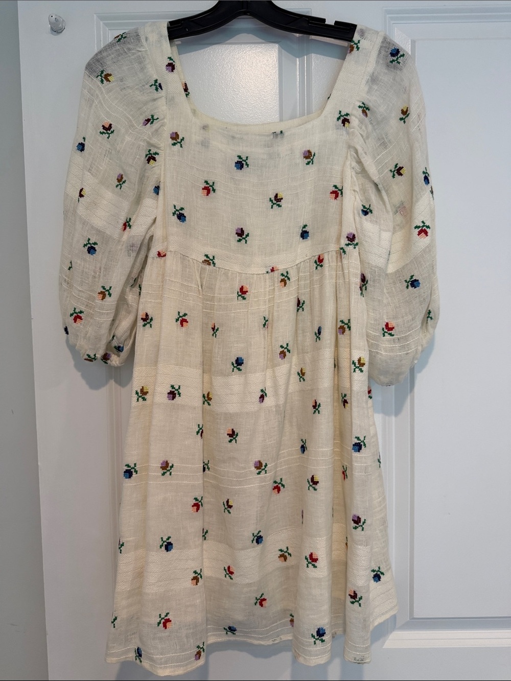 Kimchi Blue Cream Dress with Multicolor Floral Embroidery